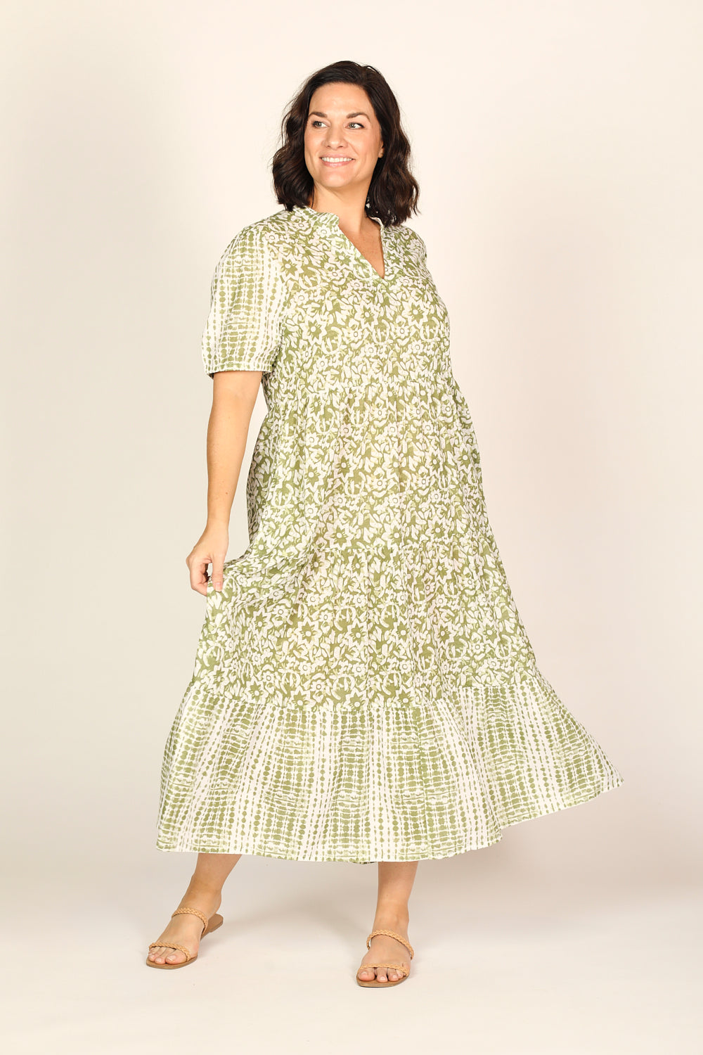 Sabre V-Neck Dress in Shibori Olive