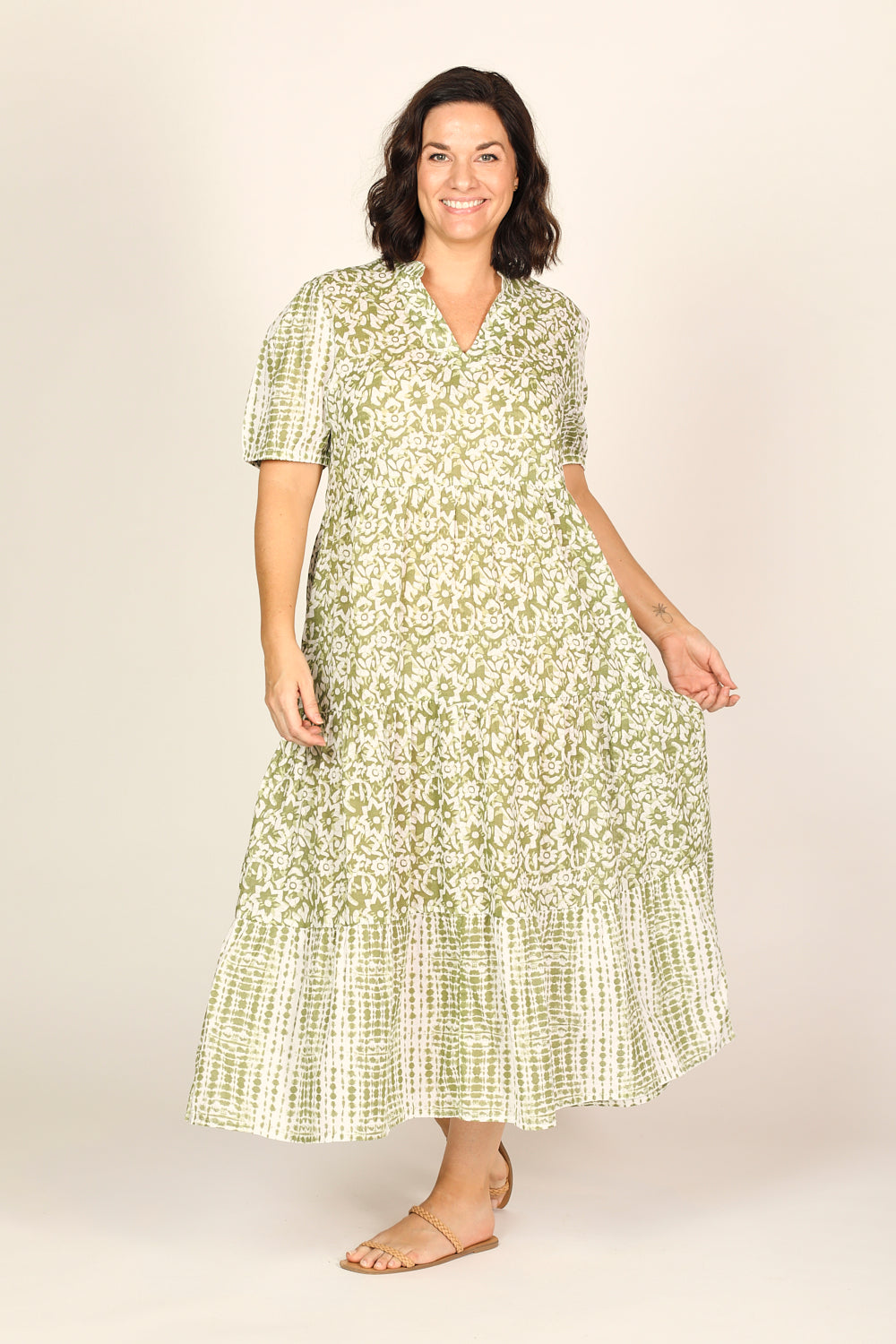 Sabre V-Neck Dress in Shibori Olive