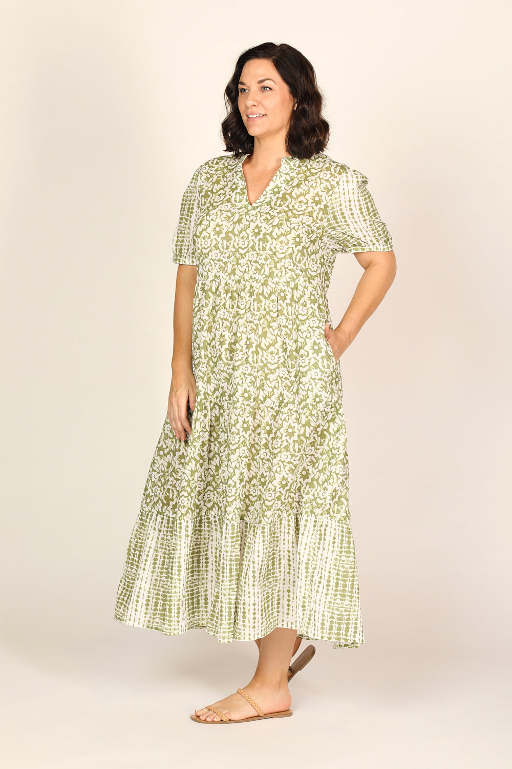 Sabre V-Neck Dress in Shibori Olive