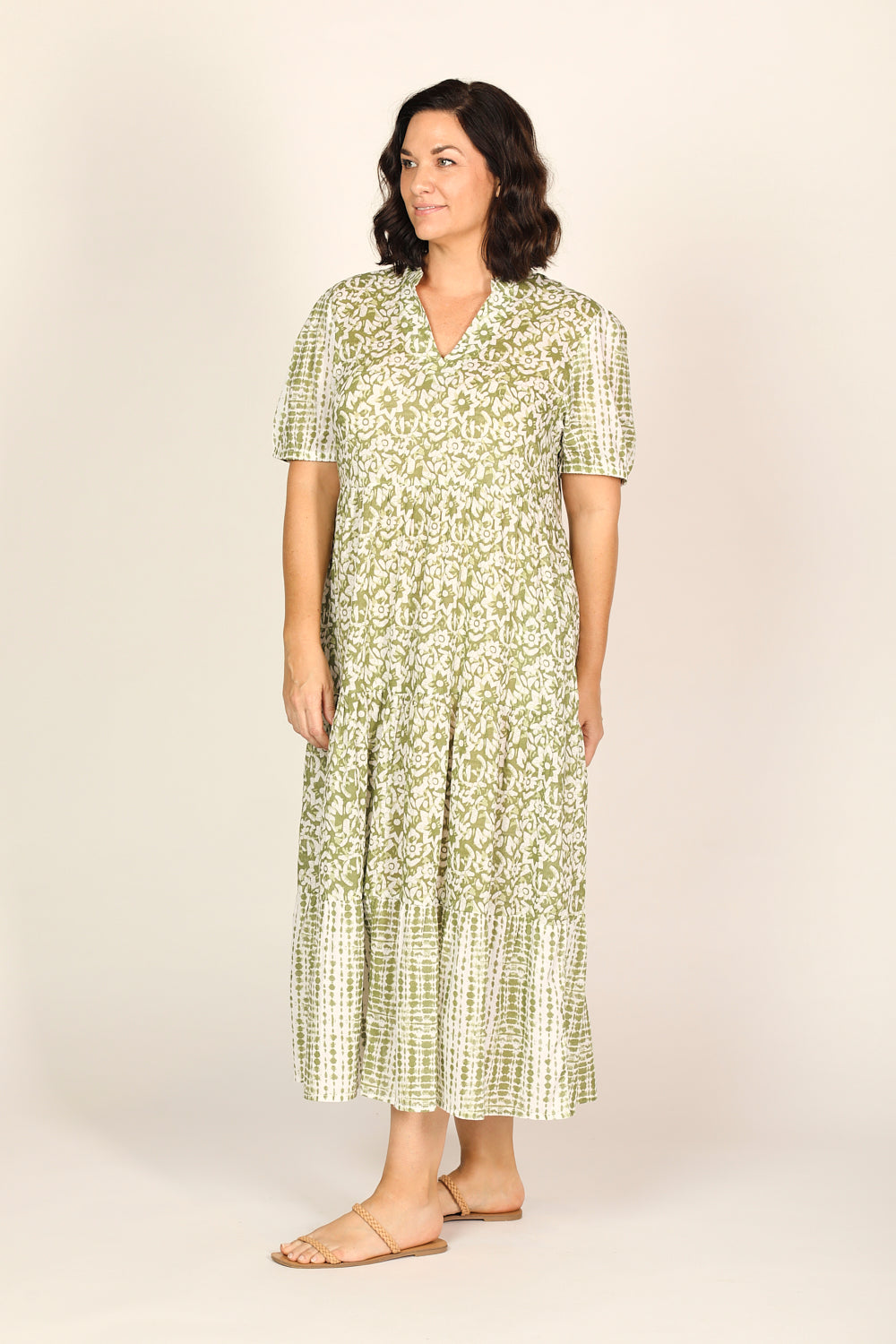 Sabre V-Neck Dress in Shibori Olive