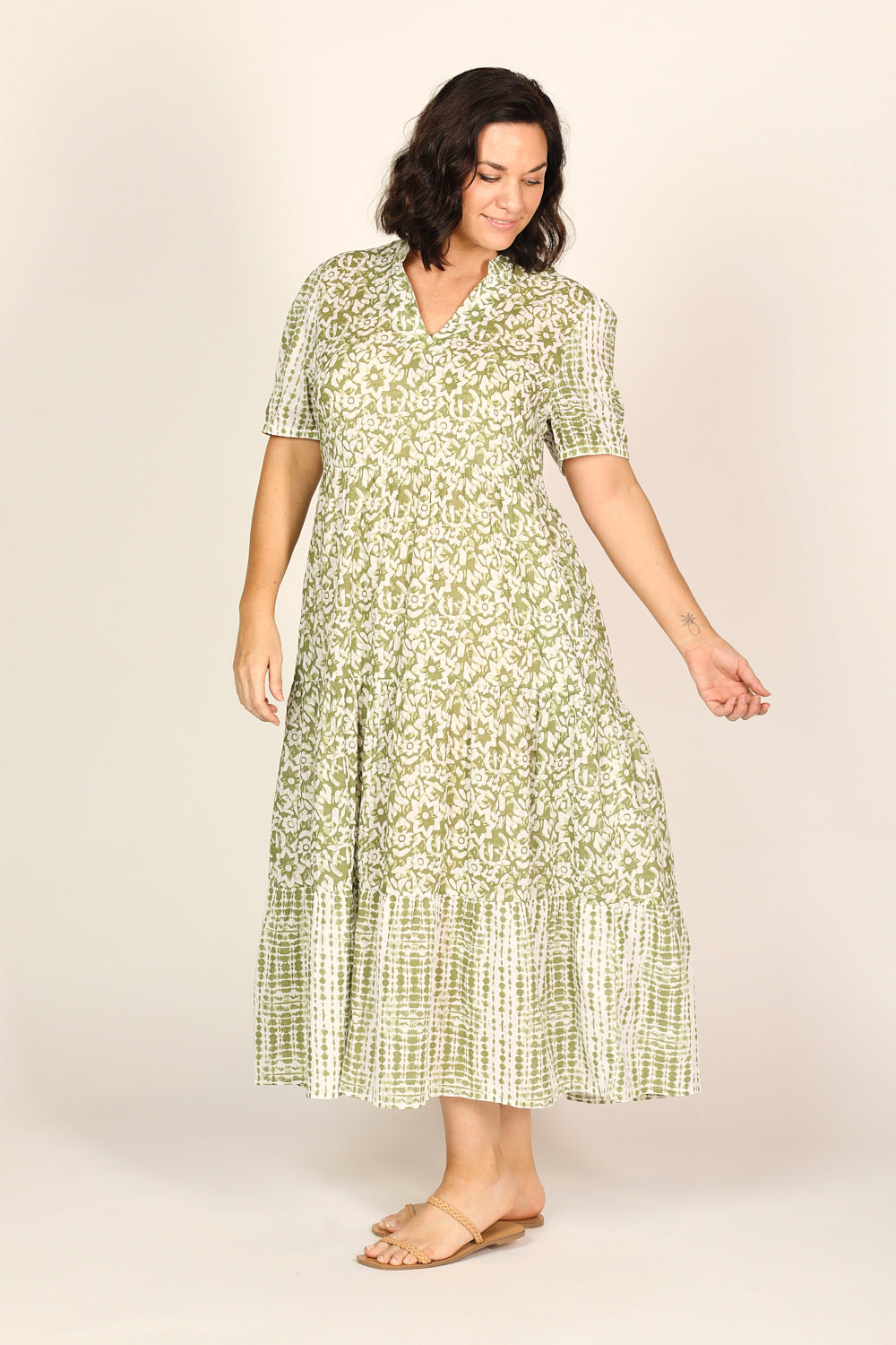 Sabre V-Neck Dress in Shibori Olive