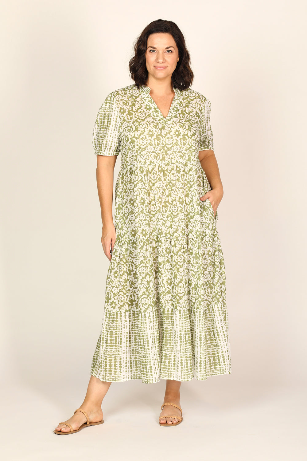 Sabre V-Neck Dress in Shibori Olive