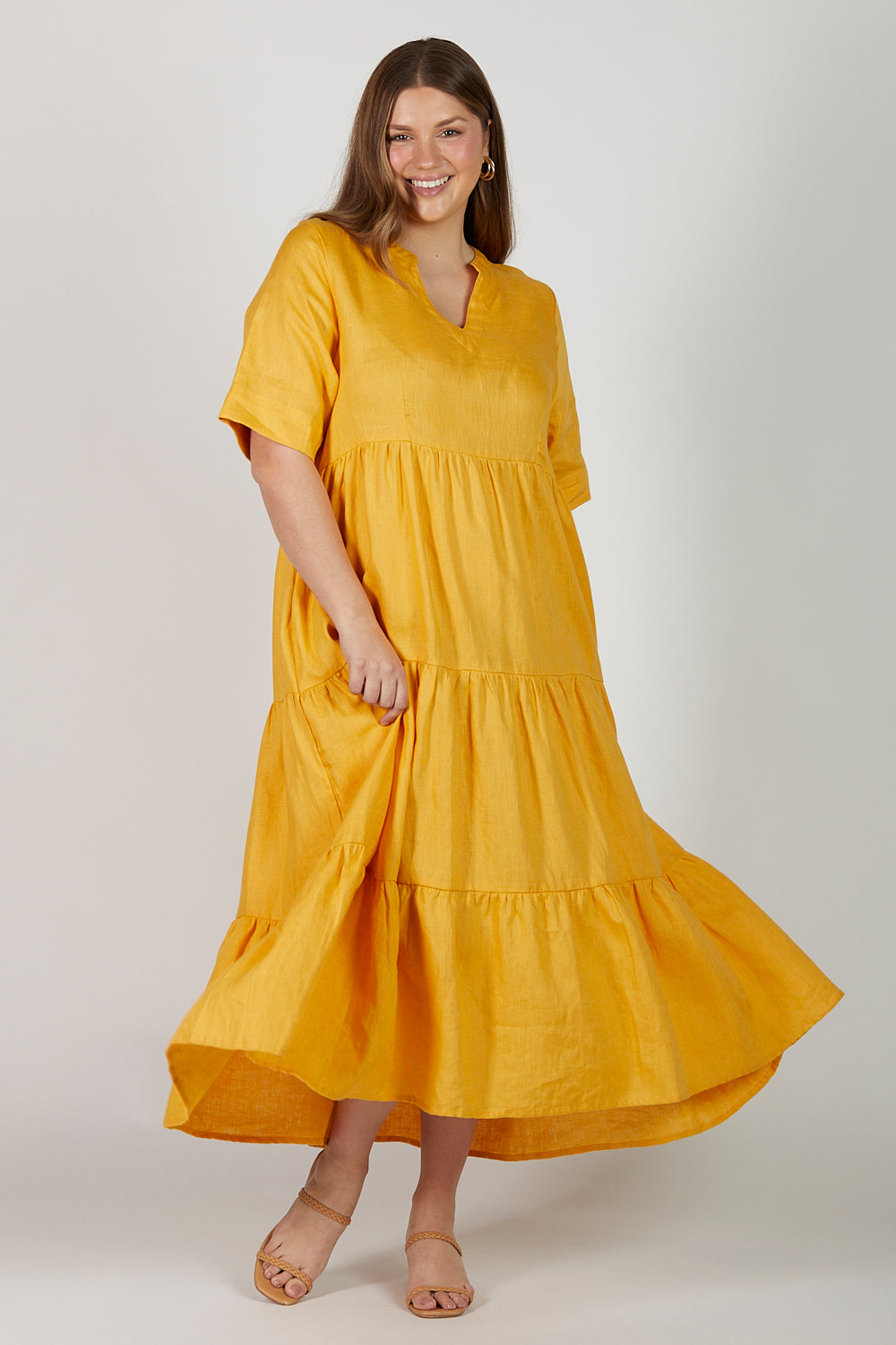 Sabre V-Neck Linen Dress in Golden Hour