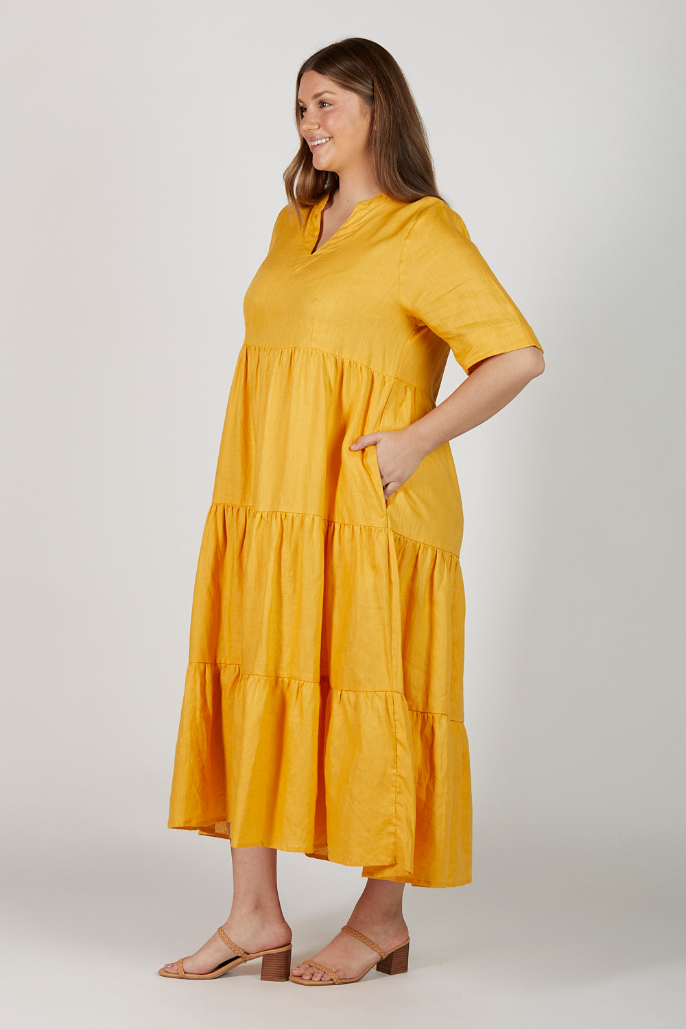 Sabre V-Neck Linen Dress in Golden Hour