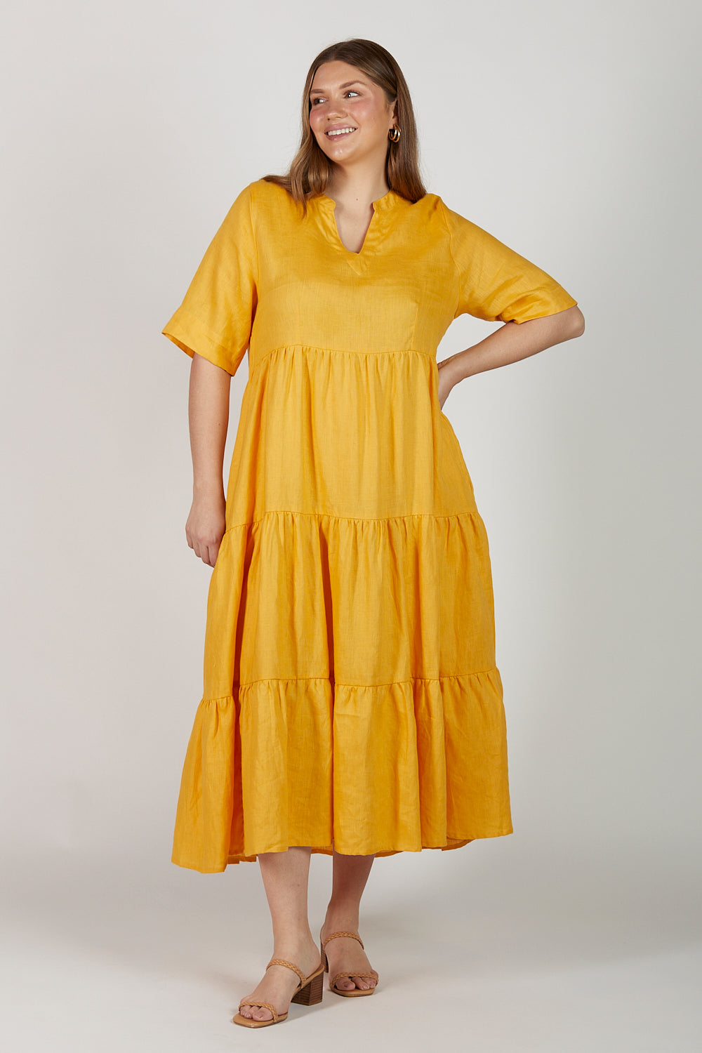 Sabre V-Neck Linen Dress in Golden Hour