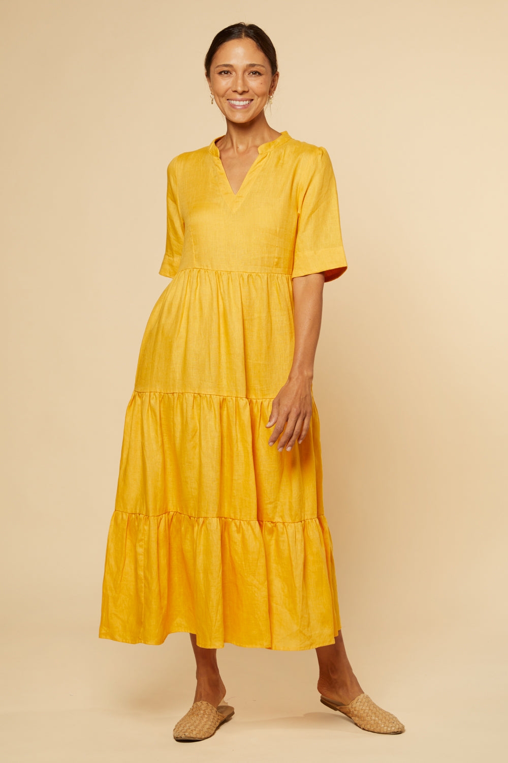 Sabre V-Neck Linen Dress in Golden Hour