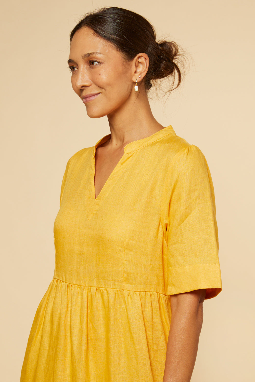 Sabre V-Neck Linen Dress in Golden Hour