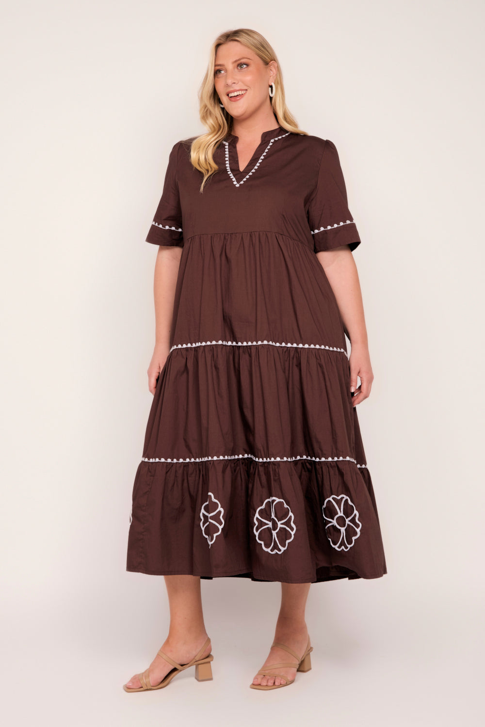 Sabre V-Neck Poplin Dress in Chocolate