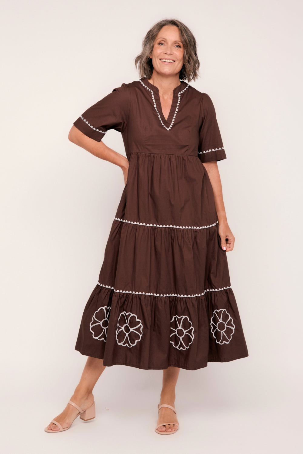 Sabre V-Neck Poplin Dress in Chocolate