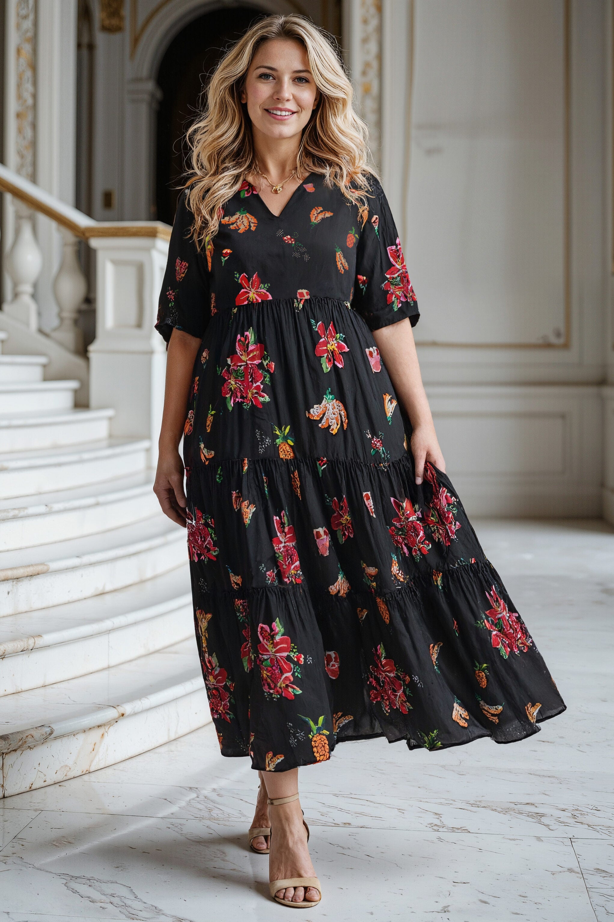 Sabre V-Neck Dress in Tapestry Blooms