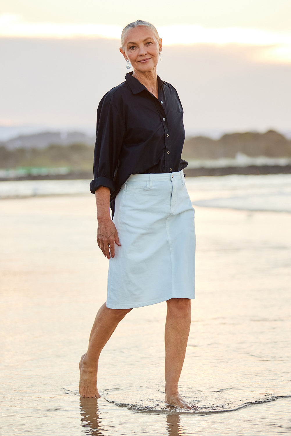 Denim by Adrift A Line Short Denim Skirt in White Cotton Stretch Knee Length Adrift Clothing