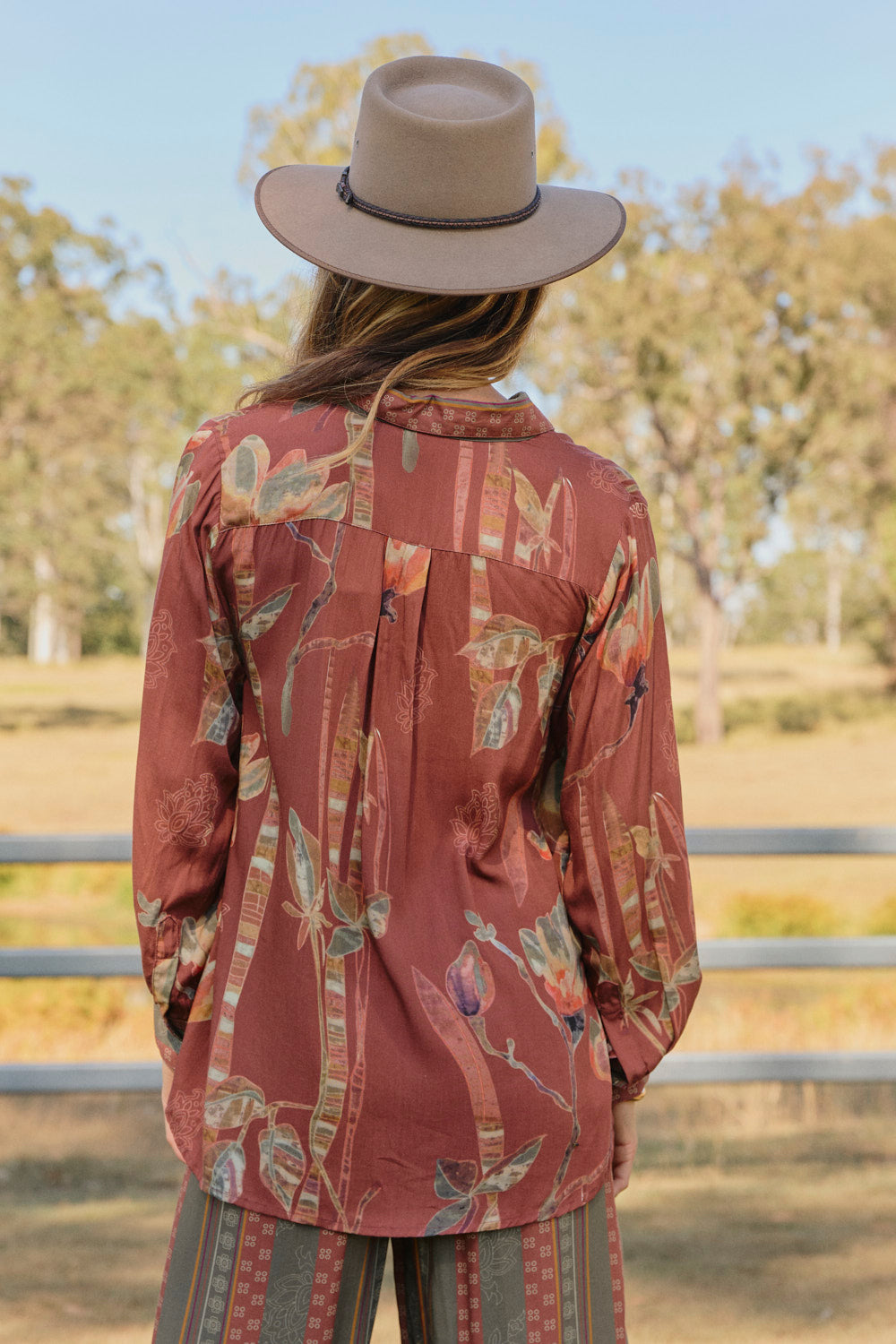 Sam Shirt in Outback with curved high-low hemline in silky drape rayon, designed in Brisbane Australia