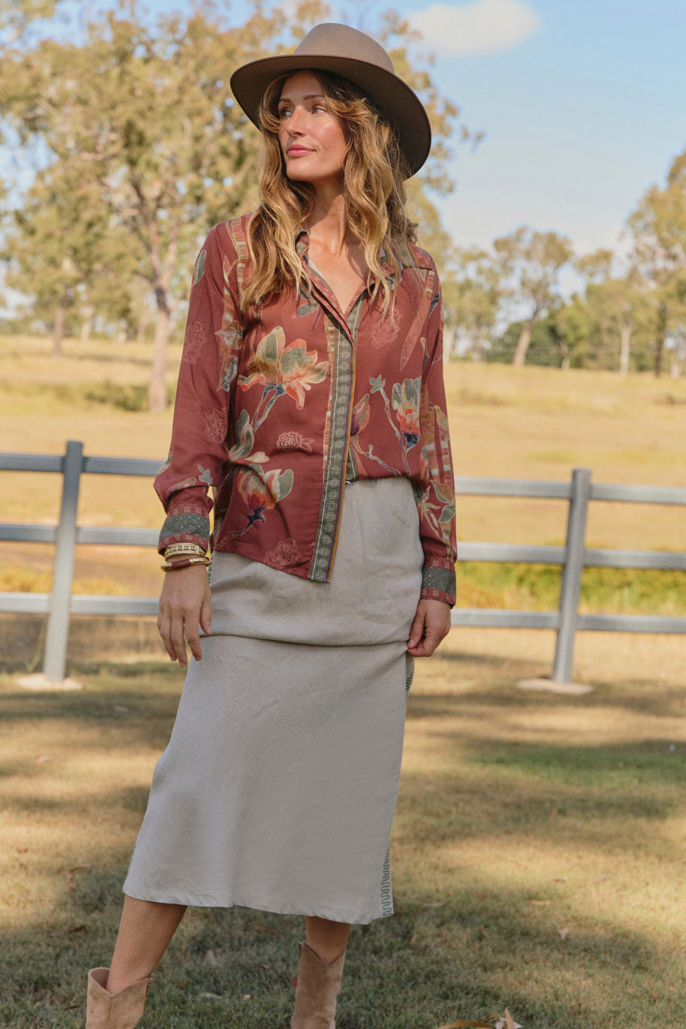Katie Linen Bias Cut Skirt in Terra
