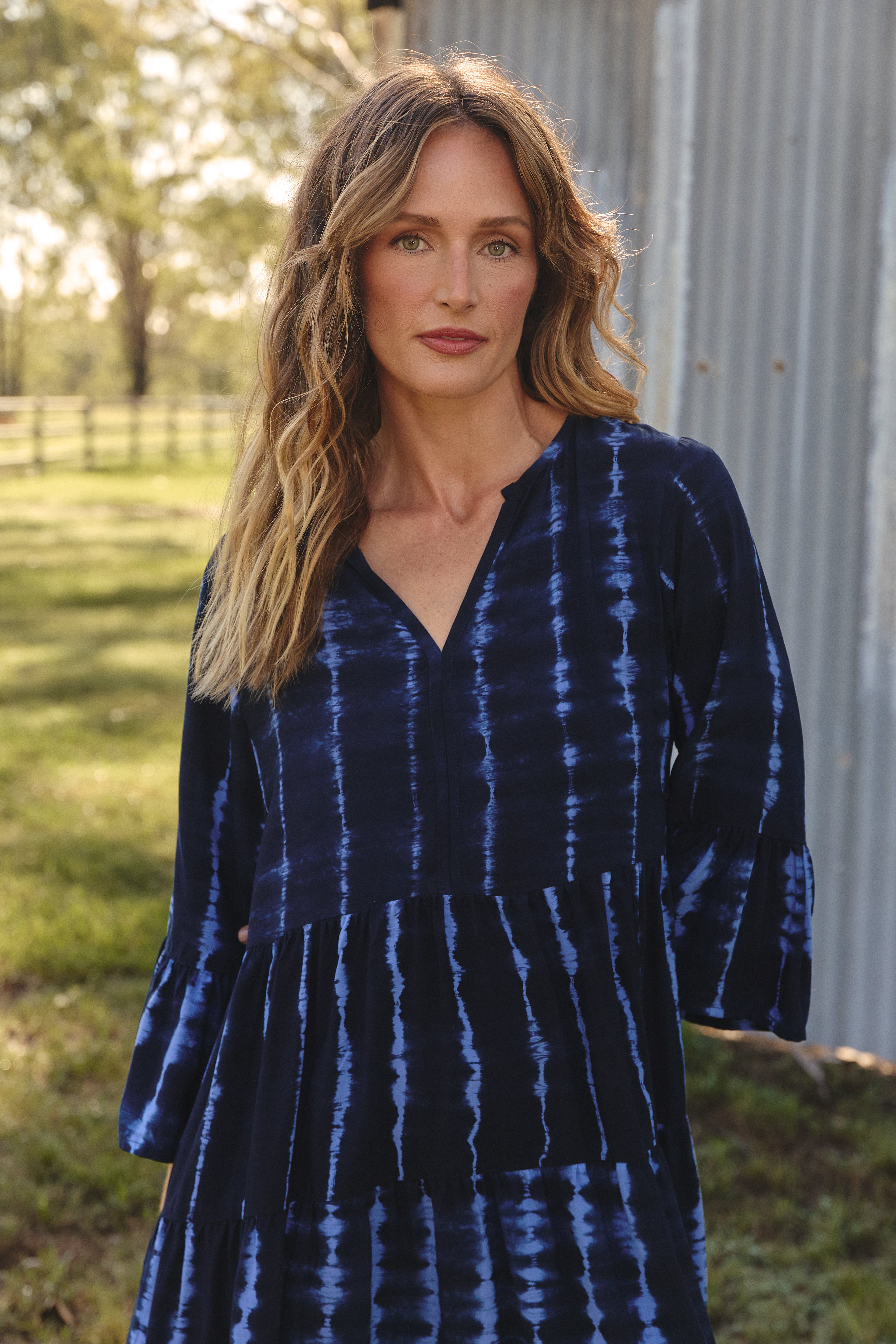 Scout Bell Sleeve Dress in Shibori Tide