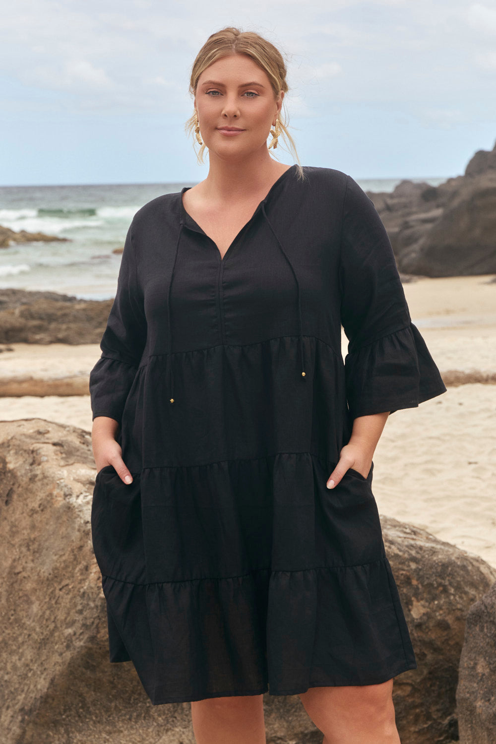 Scout Linen Bell Sleeve Dress in Black