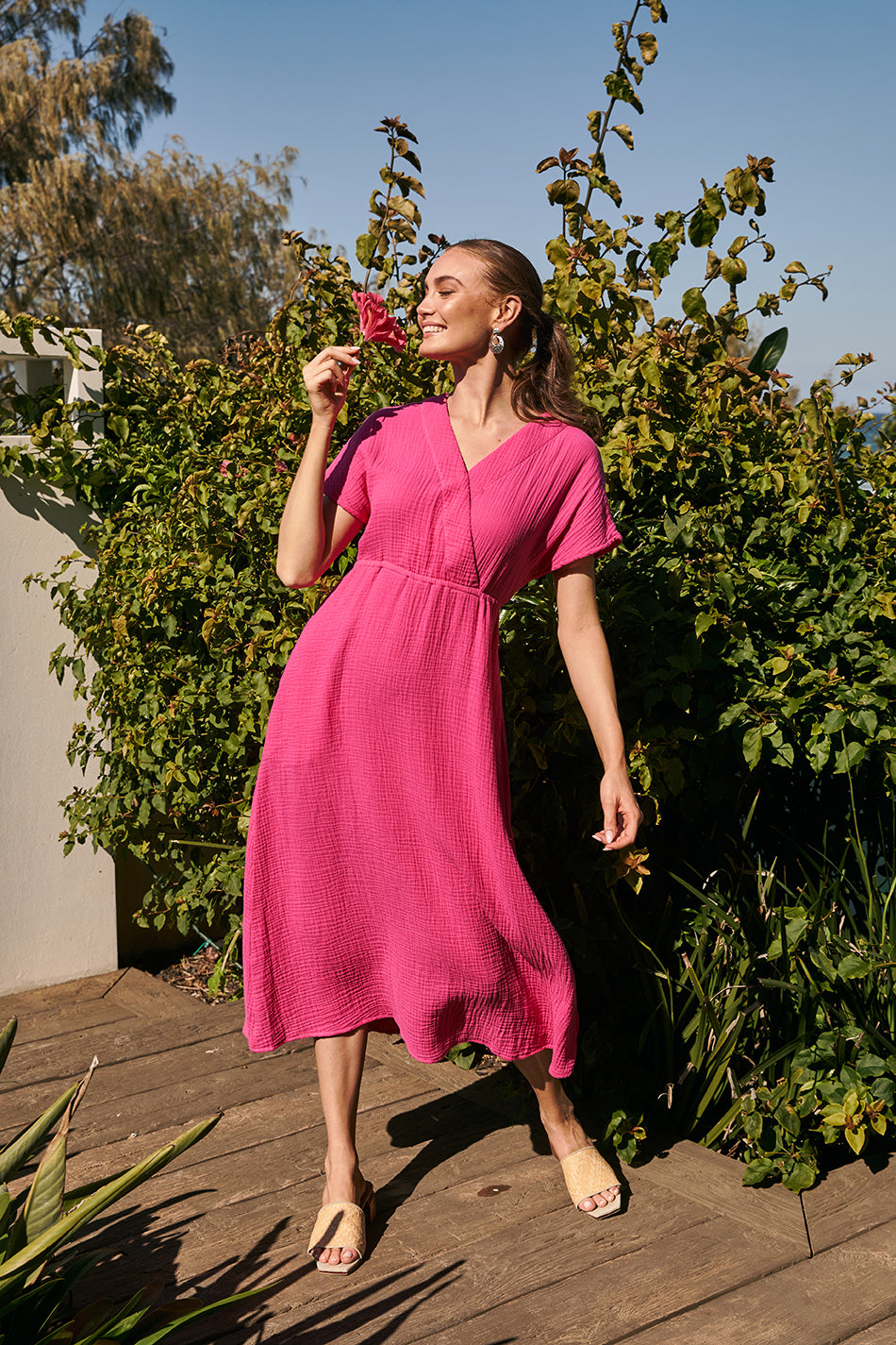 Shari Crinkle Cotton Maxi Dress in Pink Glo