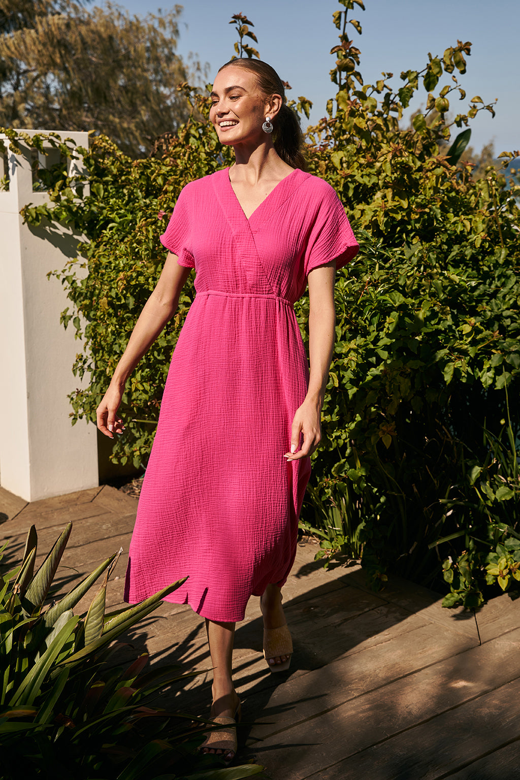 Shari Crinkle Cotton Maxi Dress in Pink Glo