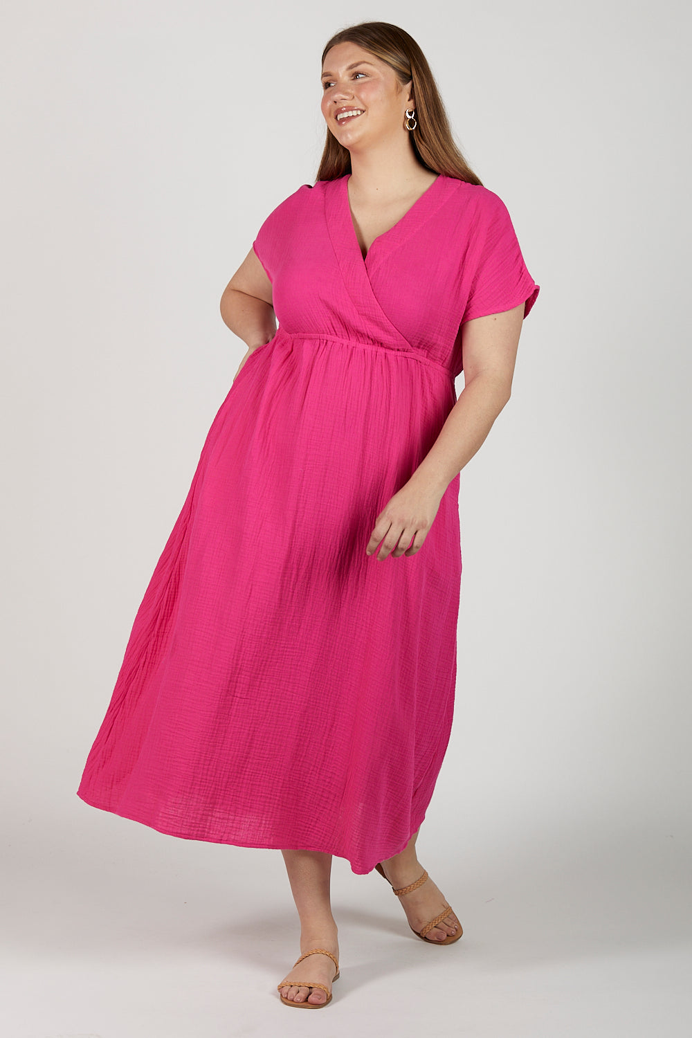 Shari Crinkle Cotton Maxi Dress in Pink Glo