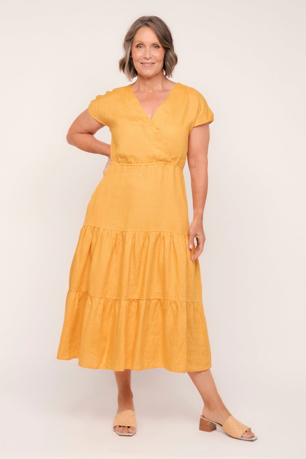 Shari Linen V-Neck Dress in Golden Hour