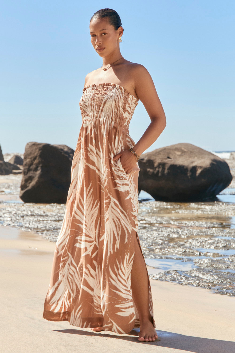 Sherry Resort Shirred Dress in Palma Tan