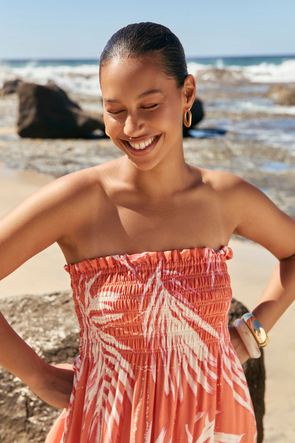 Sherry Resort Shirred Short Dress in Palma Coral