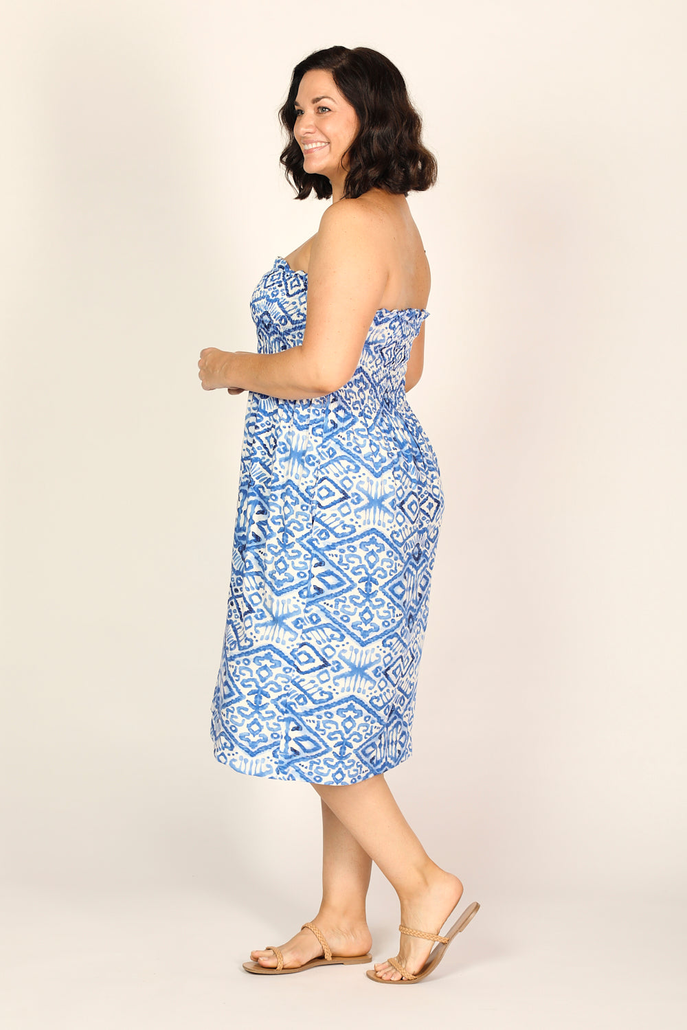 Sherry Shirred Strapless Sundress in Azure Sky