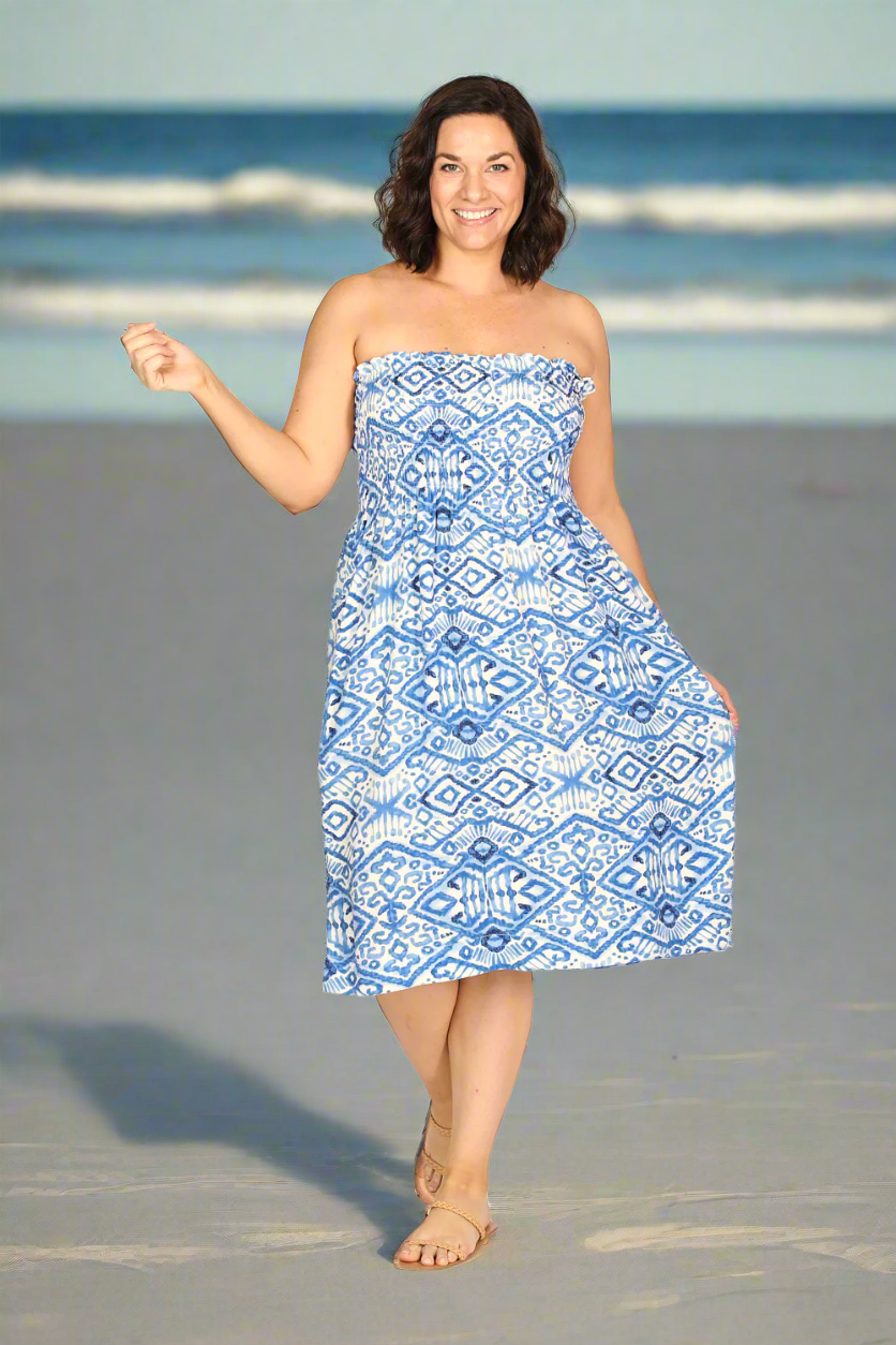 Sherry Shirred Strapless Sundress in Azure Sky