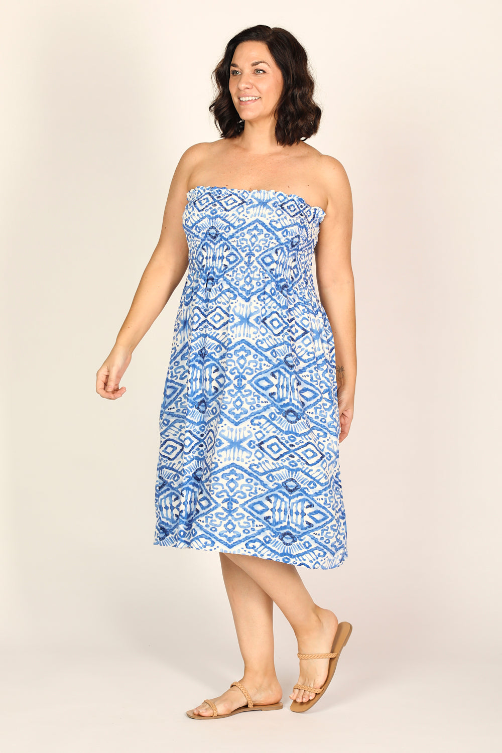 Sherry Shirred Strapless Sundress in Azure Sky