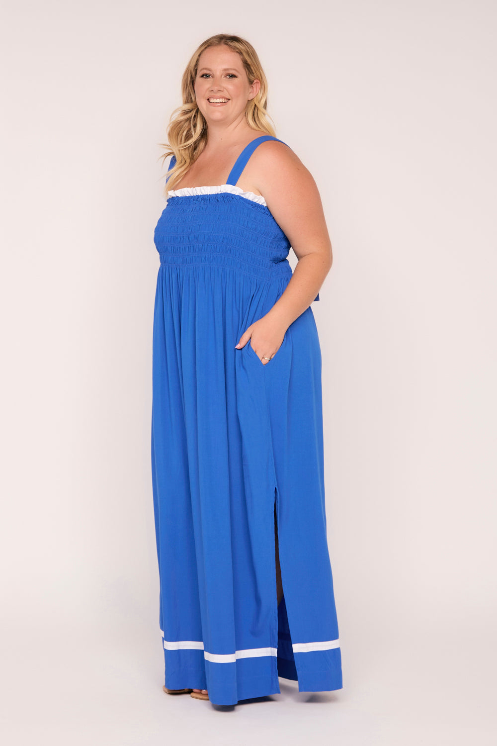 Sherry Shirred Strapless Maxi Dress in Blueberry Delight