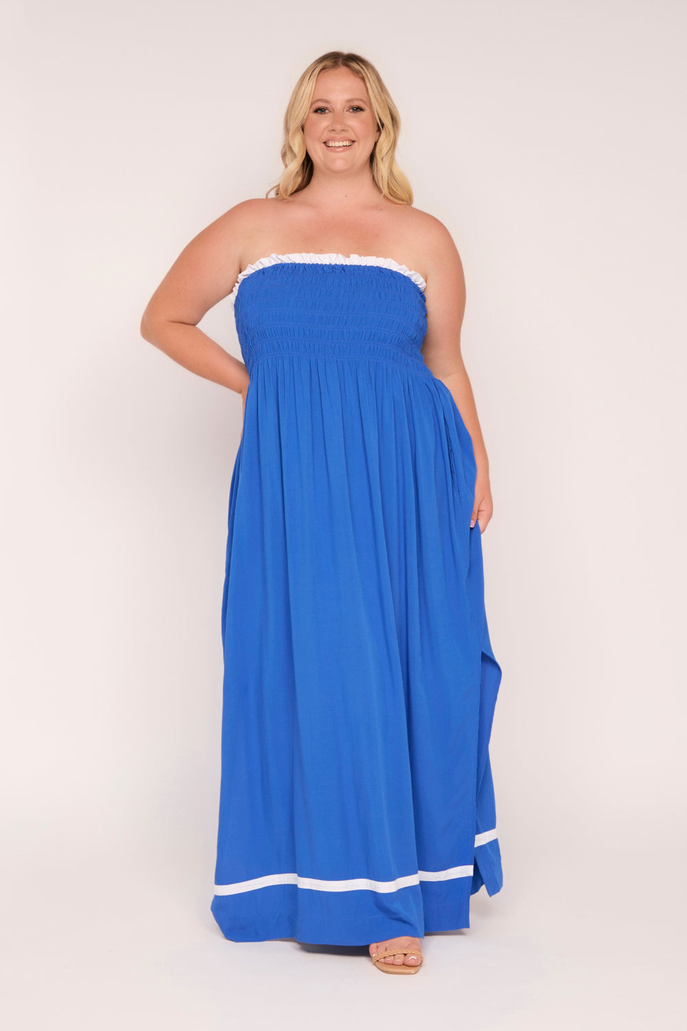 Sherry Shirred Strapless Maxi Dress in Blueberry Delight