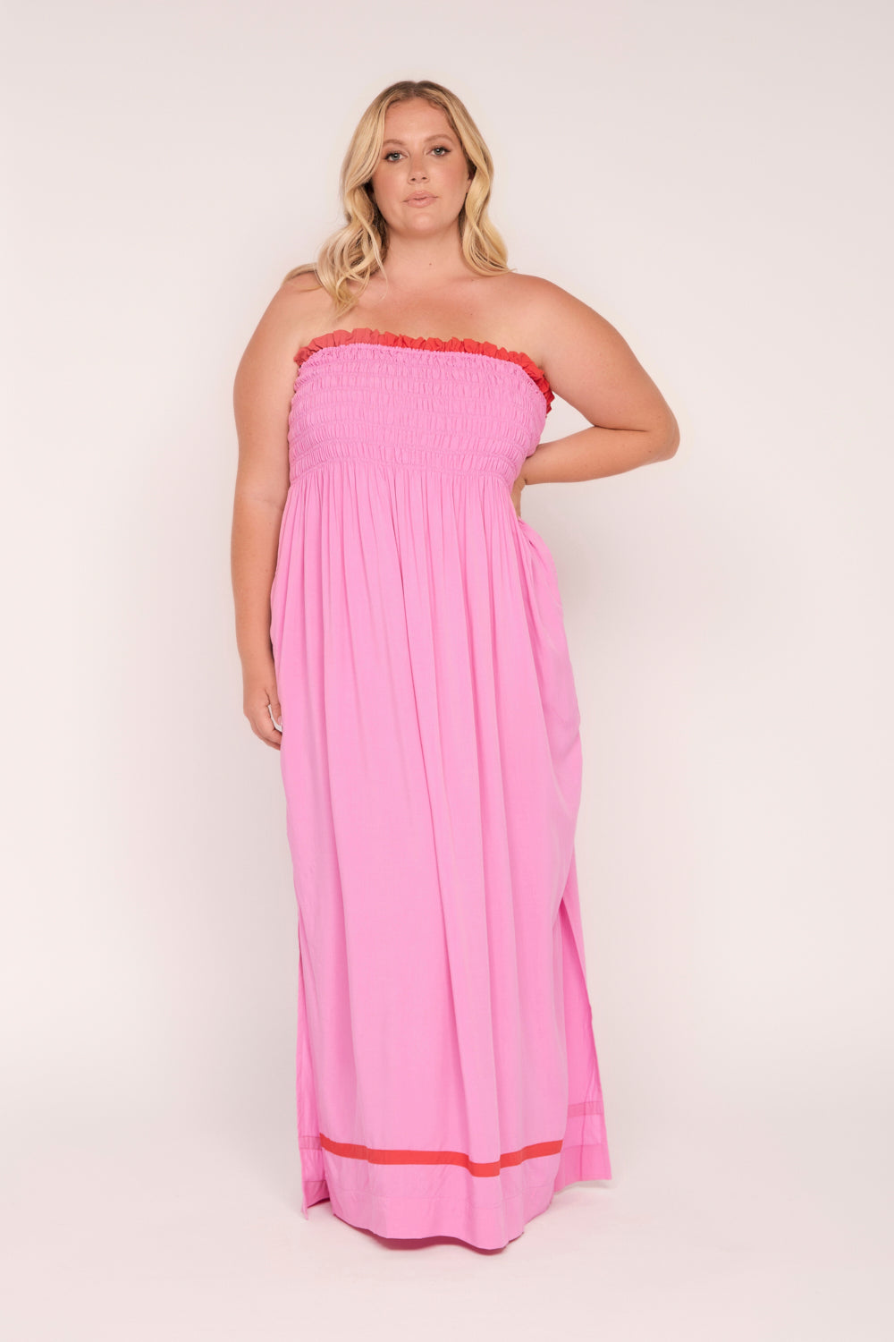 Sherry Shirred Strapless Maxi Dress in Blushing Berries