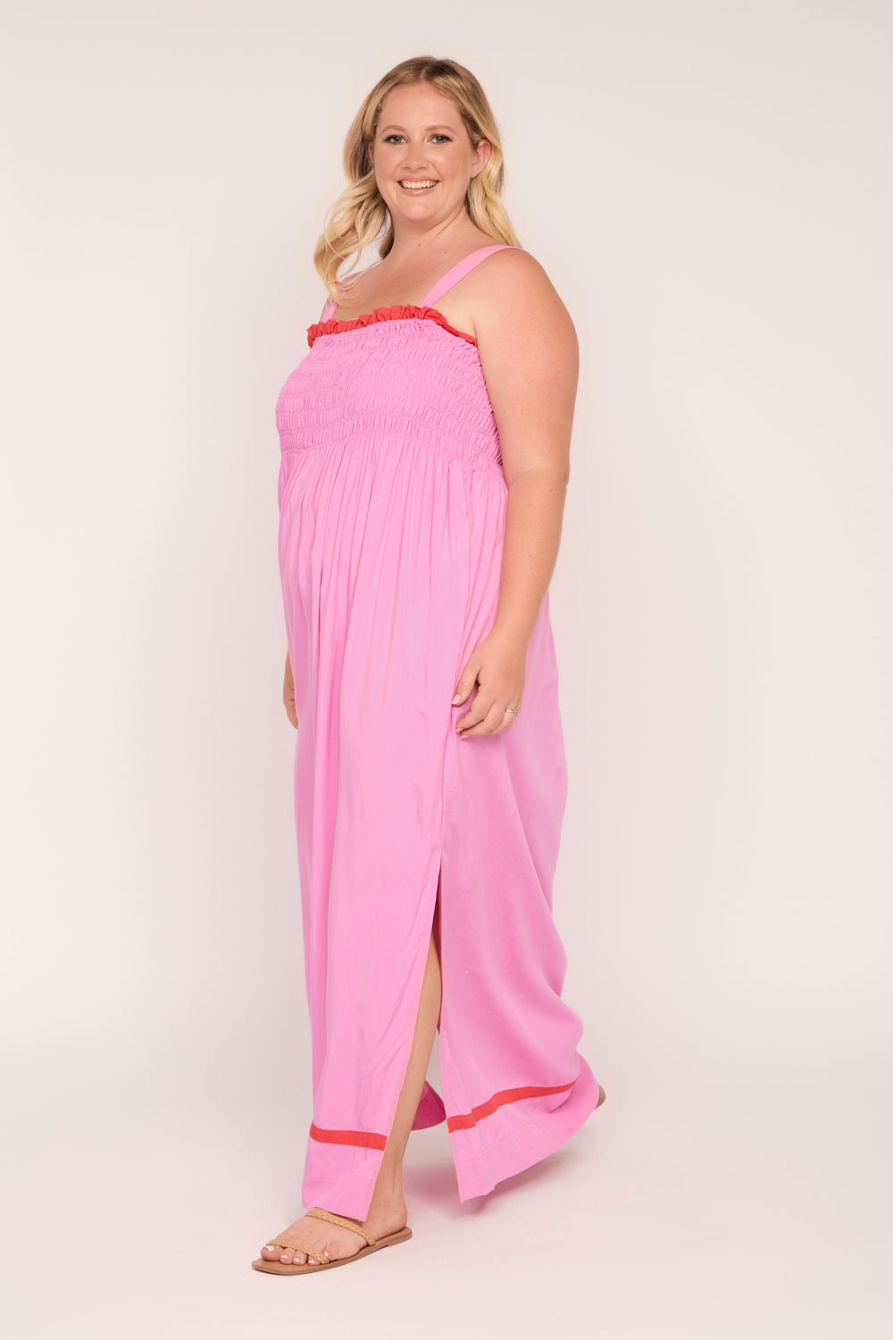 Sherry Shirred Strapless Maxi Dress in Blushing Berries