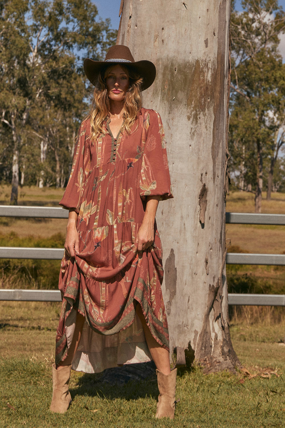 Sienna Billow Sleeve Dress in Outback in silky drape 100% rayon, Adrift