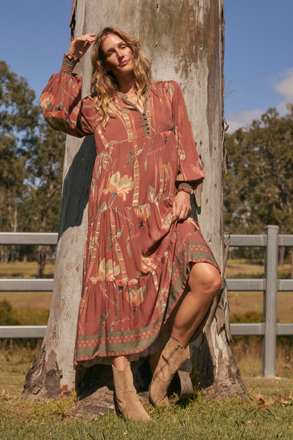 Sienna Billow Sleeve Dress in Outback on rusty brown background, relaxed tiered silhouette, Adrift Clothing