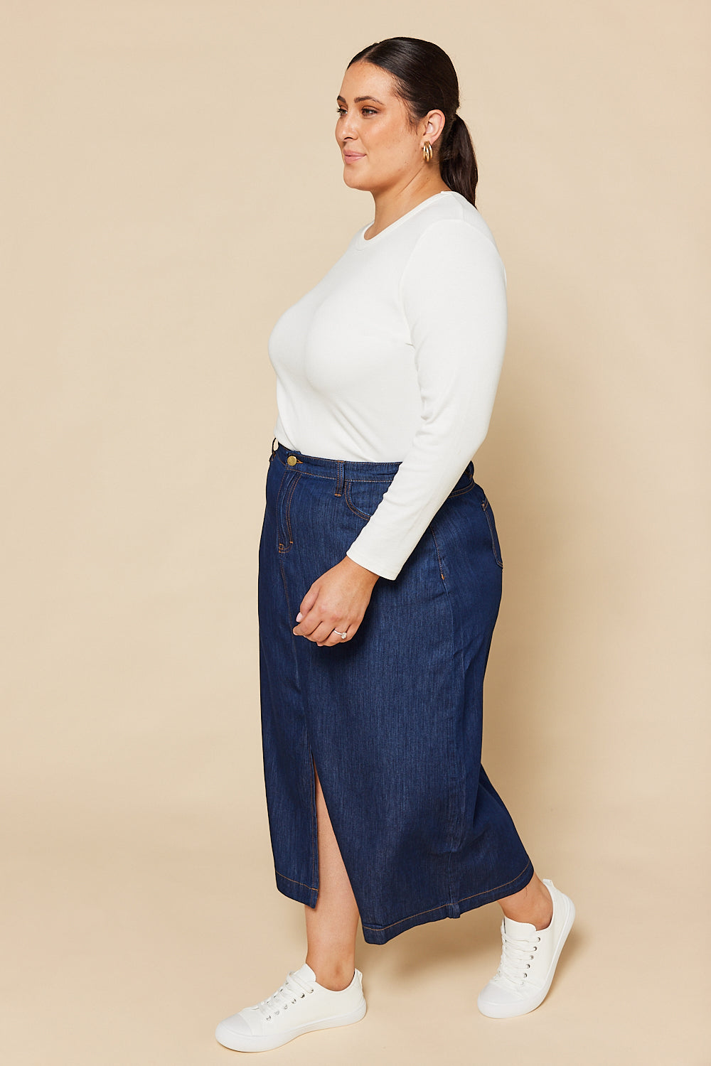 Adrift Split Tencel Skirt in Dark Wash