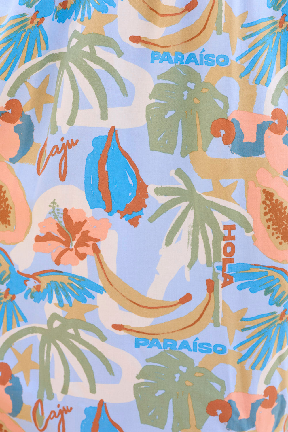 Tropical pattern with leaves, flowers, and text on a blue background