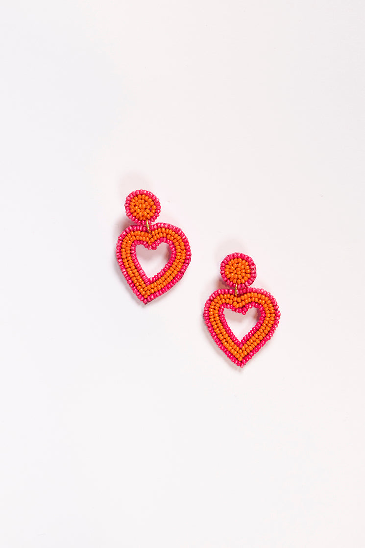 Sweetheart Beaded Earrings in Hot Pink and Orange