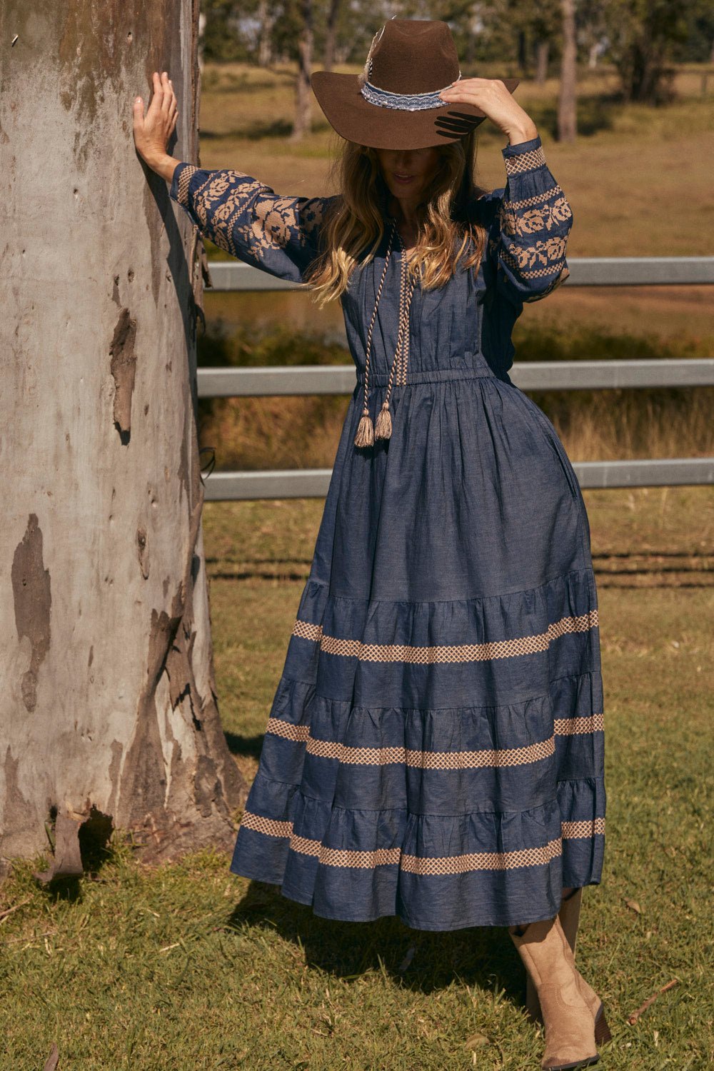 Tabitha Embroidered Chambray Dress in Mid Wash