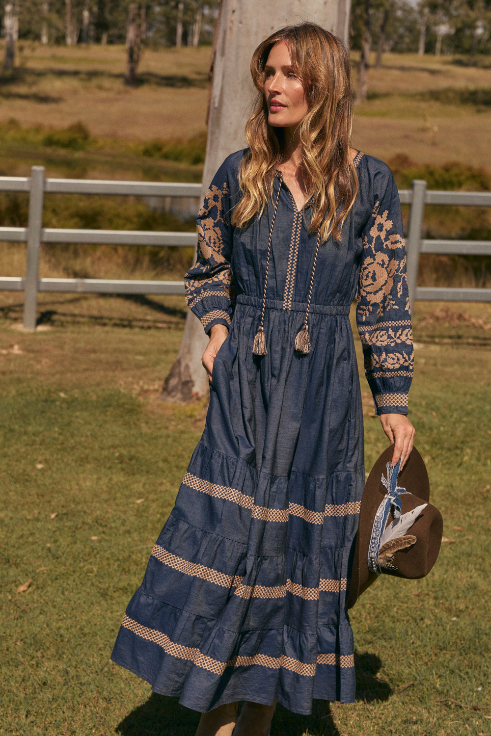 Tabitha Embroidered Chambray Dress in Mid Wash