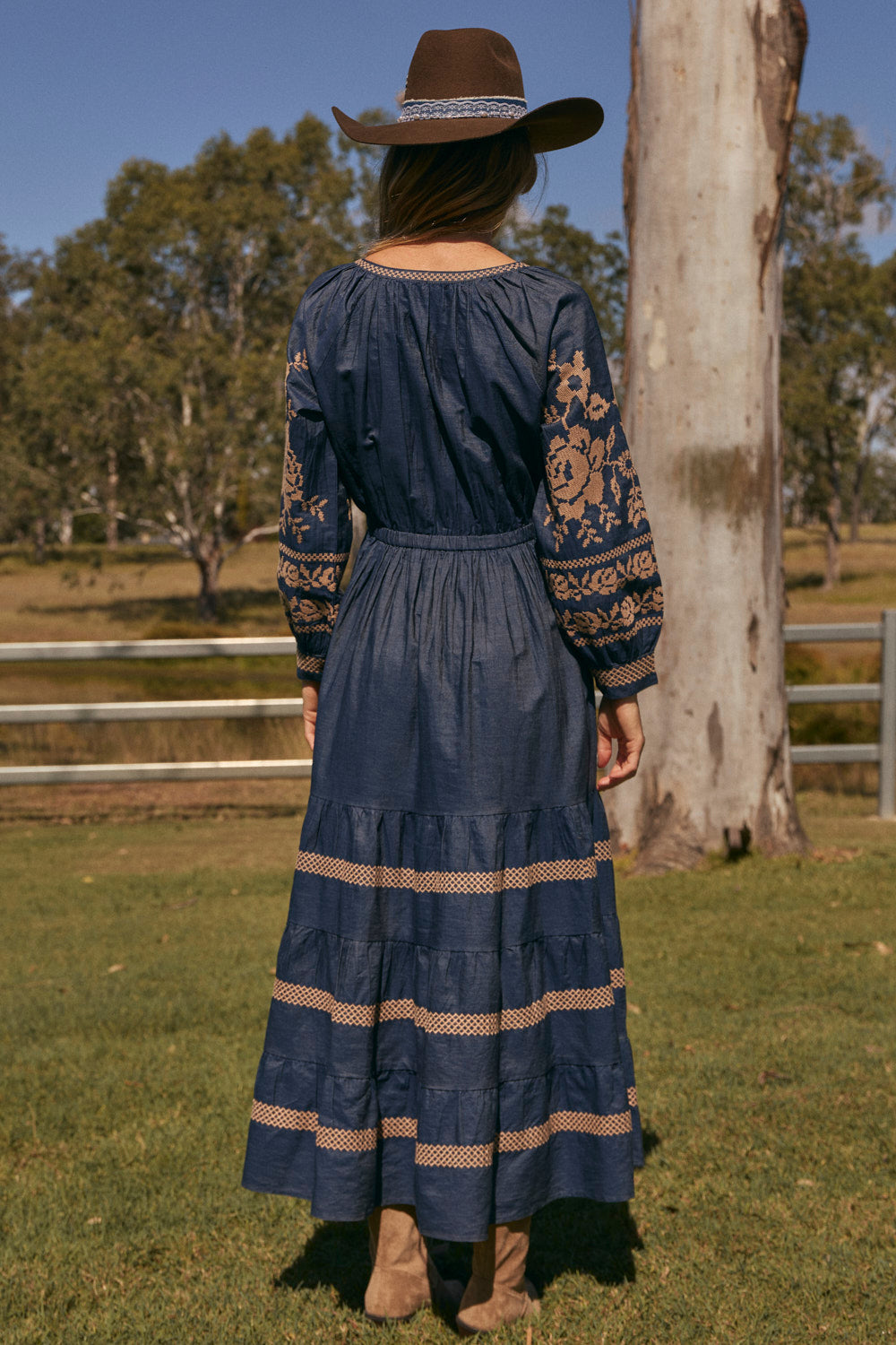 Tabitha Embroidered Chambray Dress in Mid Wash