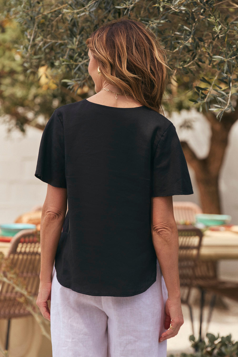 Tamara Flutter Sleeve Linen Top in Black