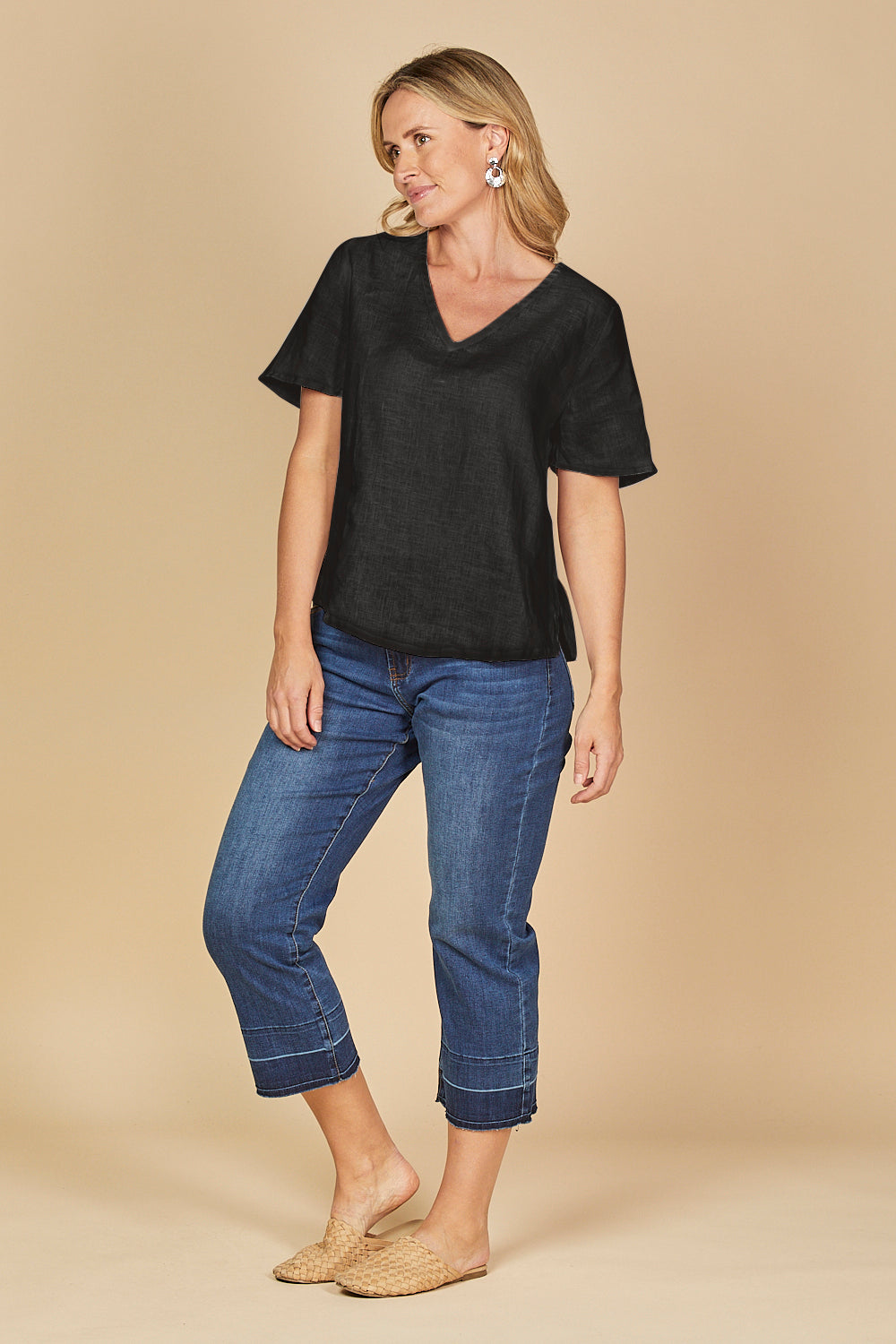 Tamara Flutter Sleeve Linen Top in Black