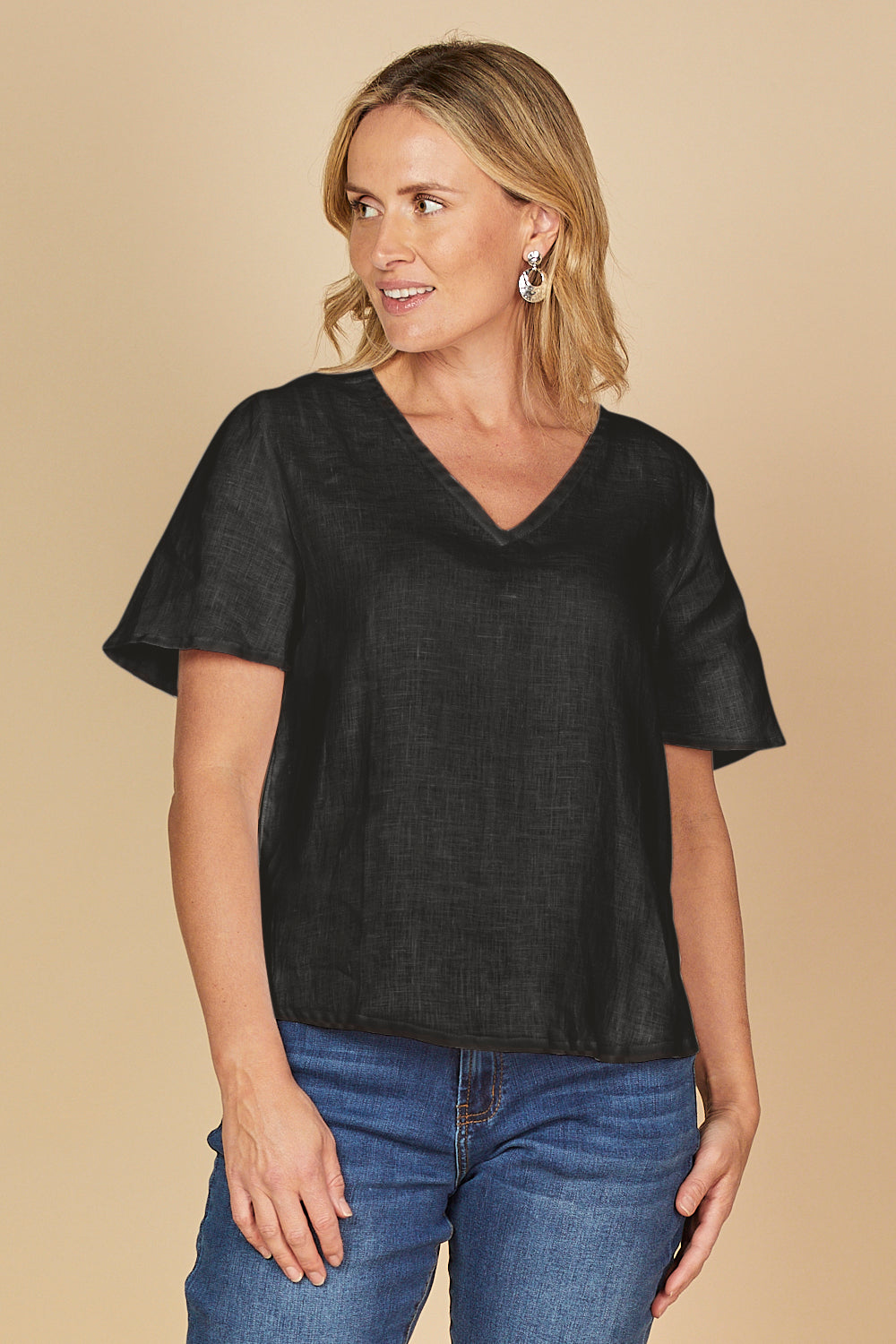 Tamara Flutter Sleeve Linen Top in Black