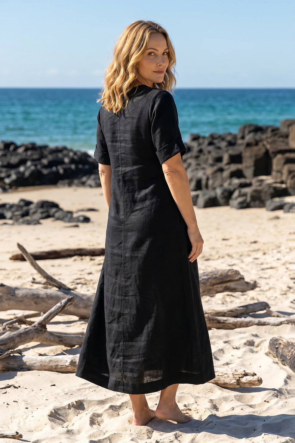 Tamara Linen V-Neck Dress in Black styled for effortless everyday wear, Adrift Clothing
