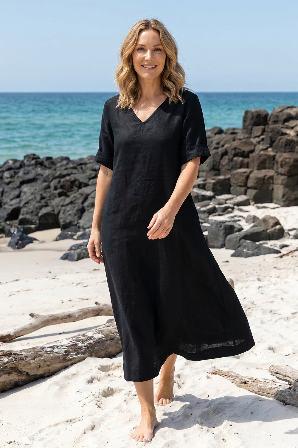Tamara Linen V-Neck Dress in Black