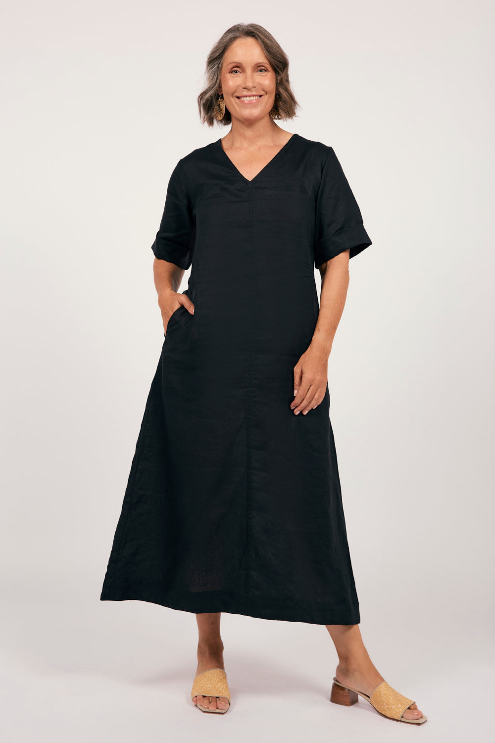 Tamara Linen V-Neck Dress in Black