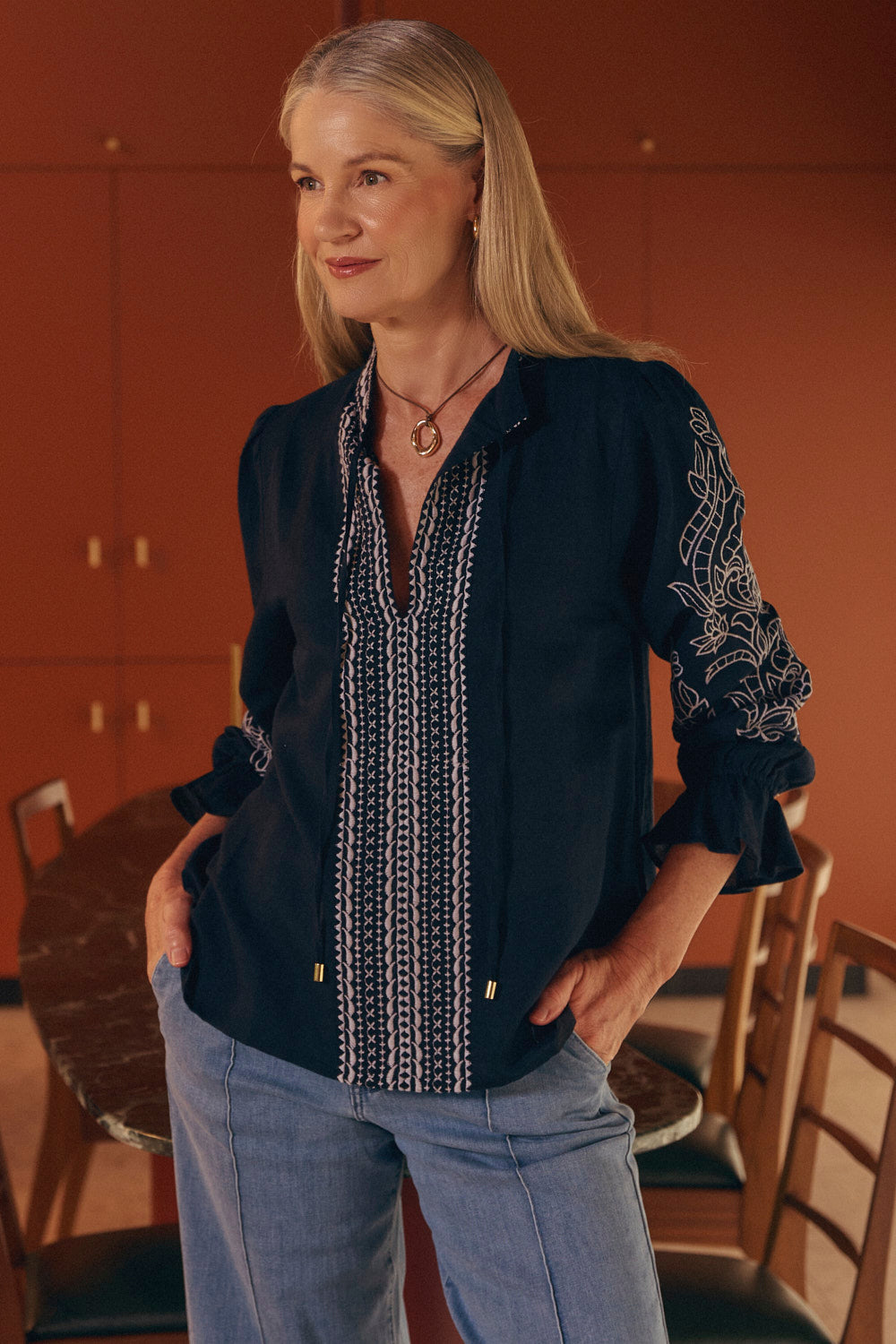 Tanya Embroidered Blouse in Midnight