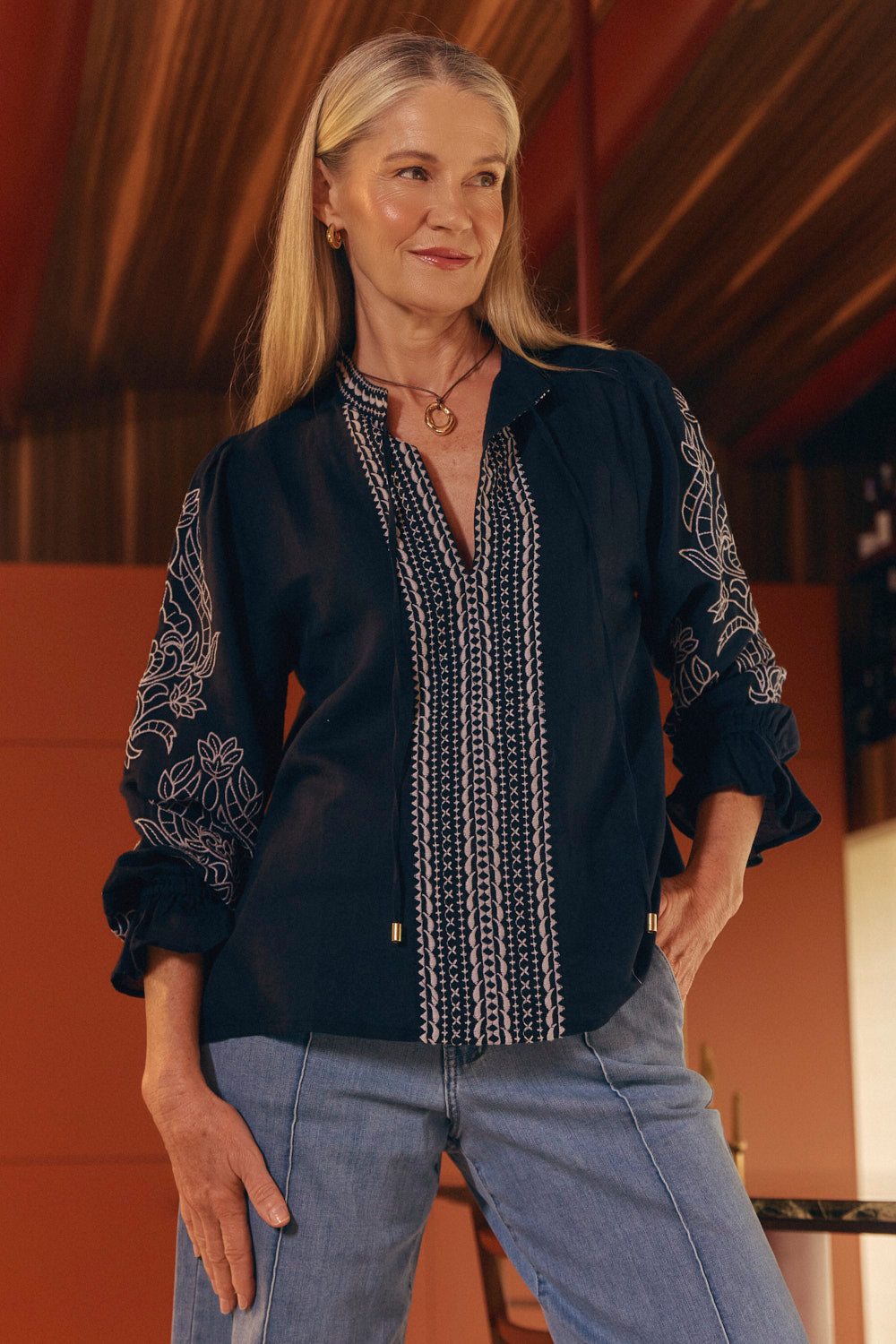 Tanya Embroidered Blouse in Midnight