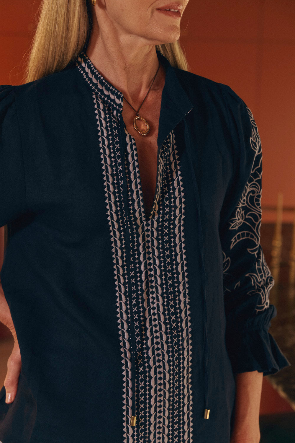 Tanya Embroidered Blouse in Midnight | Adrift Clothing