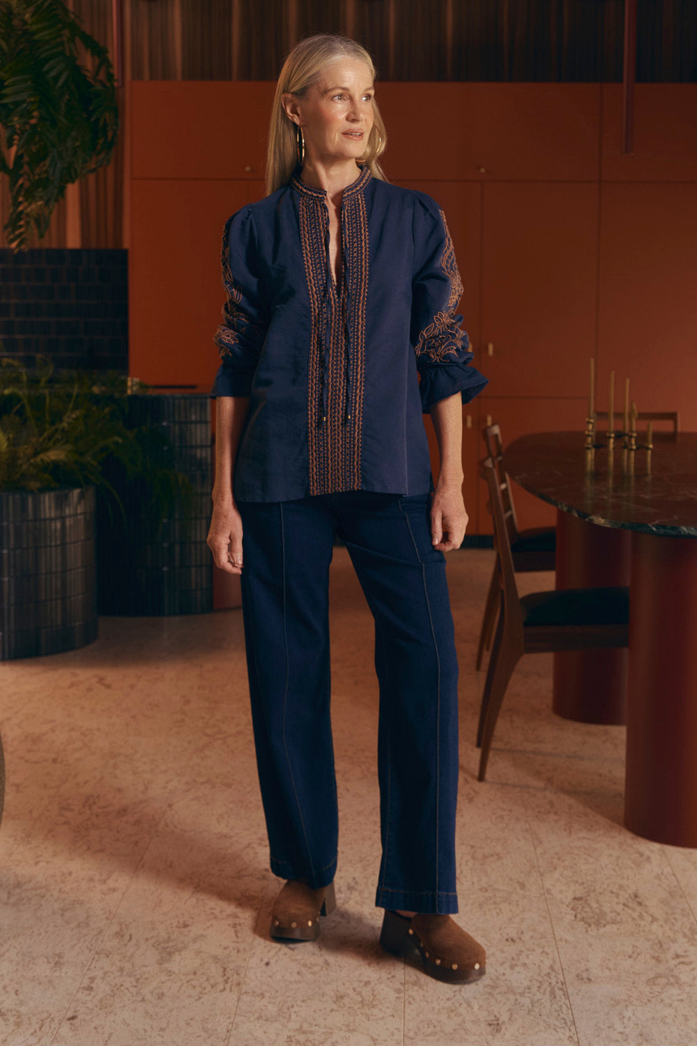 Tanya Embroidered Blouse in Navy